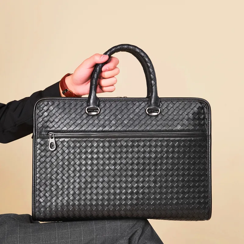 Designer heren aktetas luxe merk top echt lederen draagbare bestandszak a4 magazine mode laptop tas high-end beroemde merk handgeweven tas 2023 nieuw