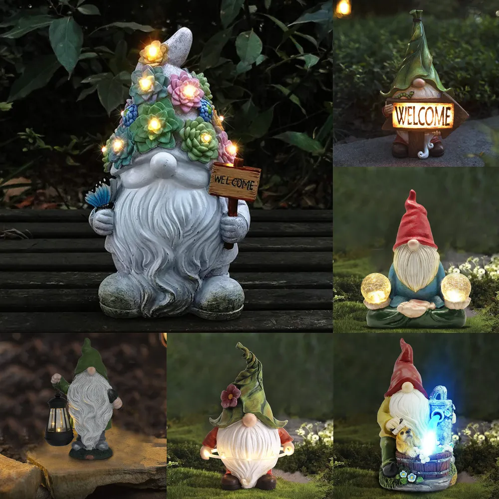 Decorative Objects Figurines Outdoor Garden Dwarf Statue-resin Dwarf Statue Carrying Magic Ball Solar Led Light Welcome Sign Gnome Yard Lawn Large Figurine 230810