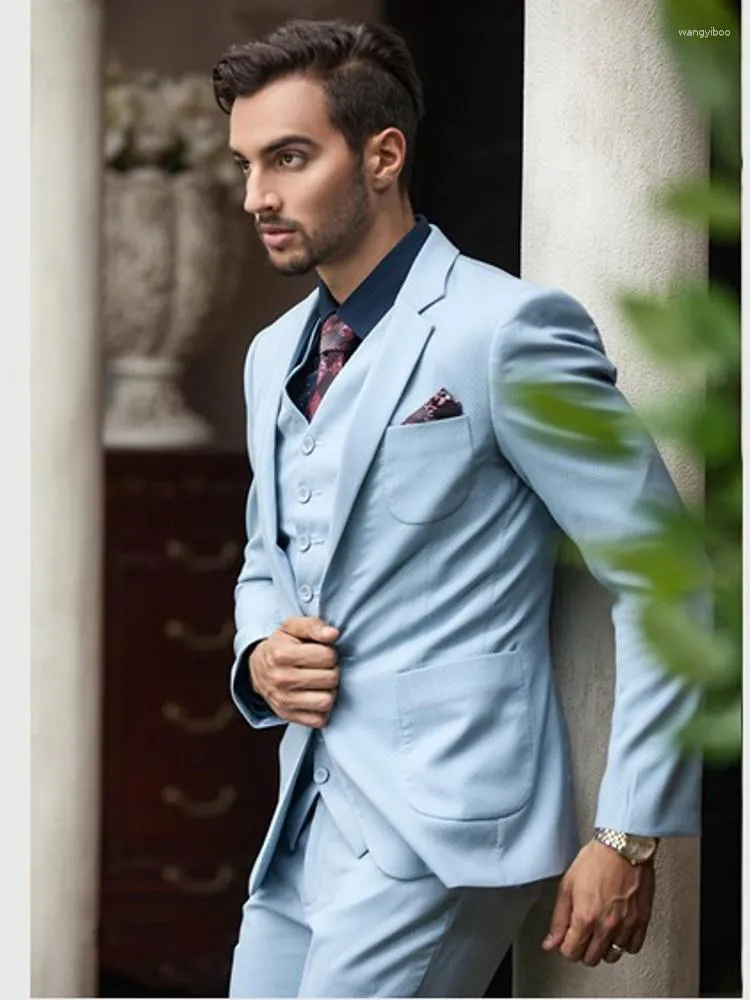 Men's Suits Handsome Baby Blue Groom Tuxedos Slim Fits Evening Dress Toast Coat Waistcoat Trousers (Jacket Pants Vest Tie) W:129