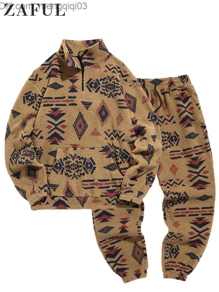 Männerpullover Zaful Herren Künstliche Sherpa Turtle Neck Hoodie mit Hosen Set Ethnic Aztec Blur Sweatshirt Strahl Leggings Set Z230811