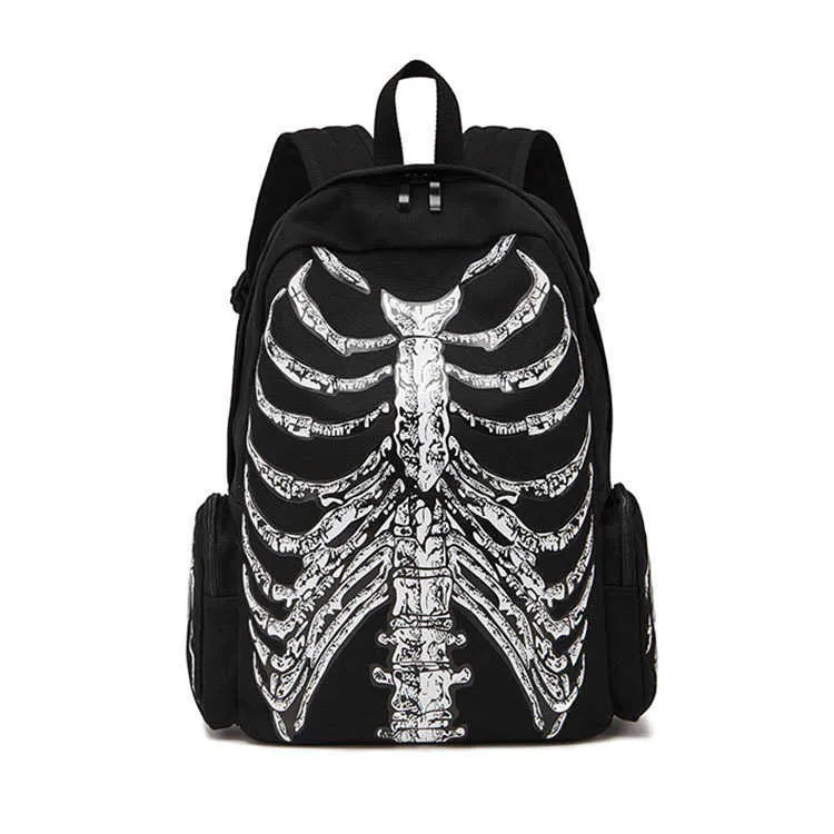 Skull Pattern Zipper Backpack Style Printed Backpack Trendy Canvas Bag Skull Personalized Women Casual Men Backpack