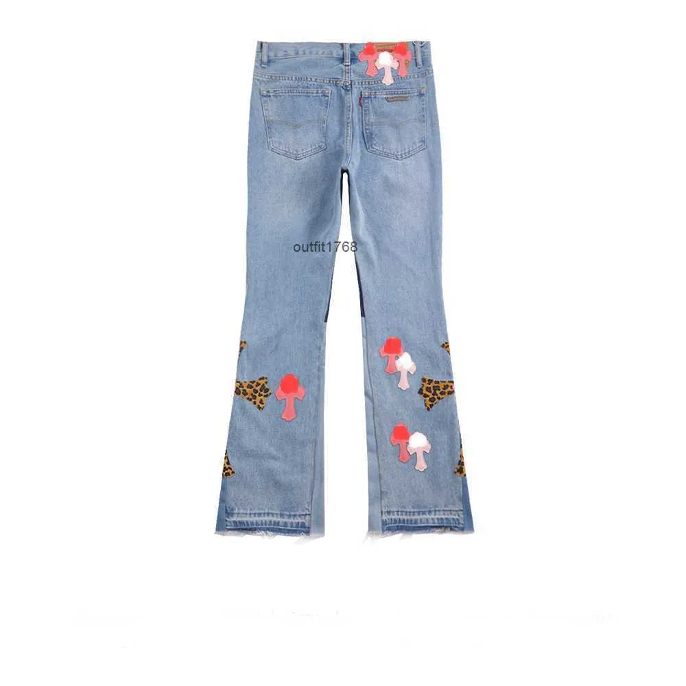 Jeans Fog High Street Vtg con altoparlante vintage patchwork stampa leopardata croce rosa jeans larghi per uomo e donna