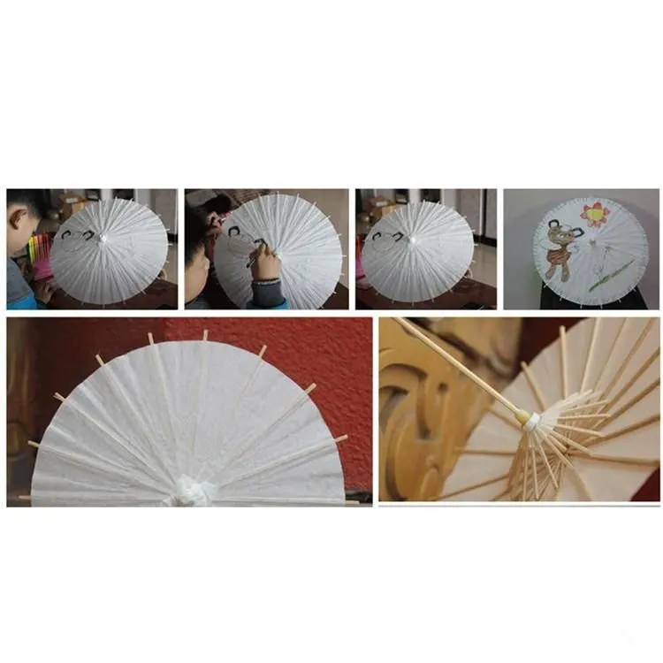 40 60cm Diameter China Japan Paper Umbrella Traditional Parasol Bamboo Frame Wooden Handle Wedding Parasols White Artificial Umbrellas