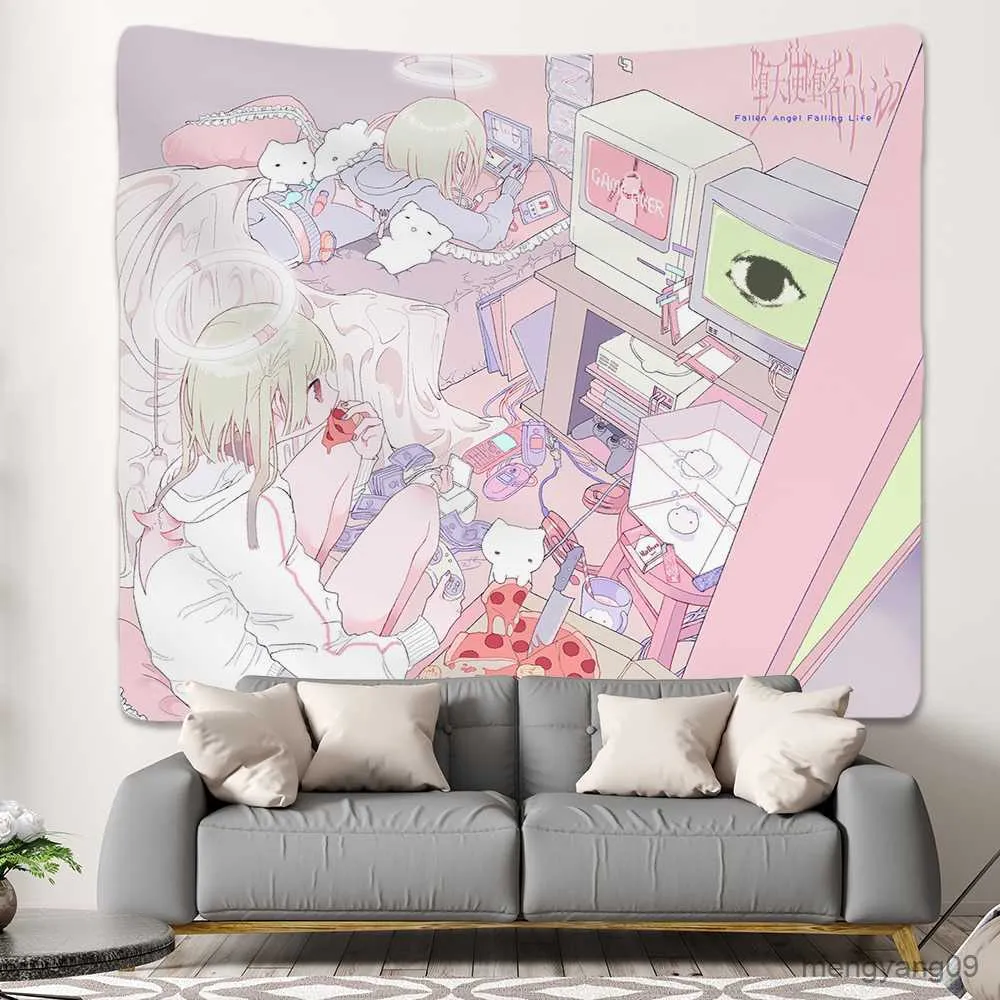 Tapissries japansk anime rosa tjej kawaii rum dekoration tapestry estetik söt vägg hängande vardagsrum sovrum hem anpassningsbara R230811