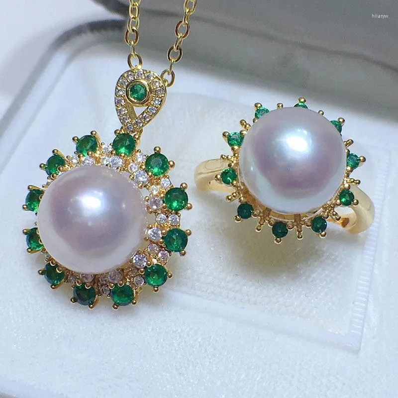 Necklace Earrings Set HABITOO Stunning Natural 10-11mm White Round Cultured Pearl Sunflower Green Ruby Cubic Zircon Pendant Ring Jewelry