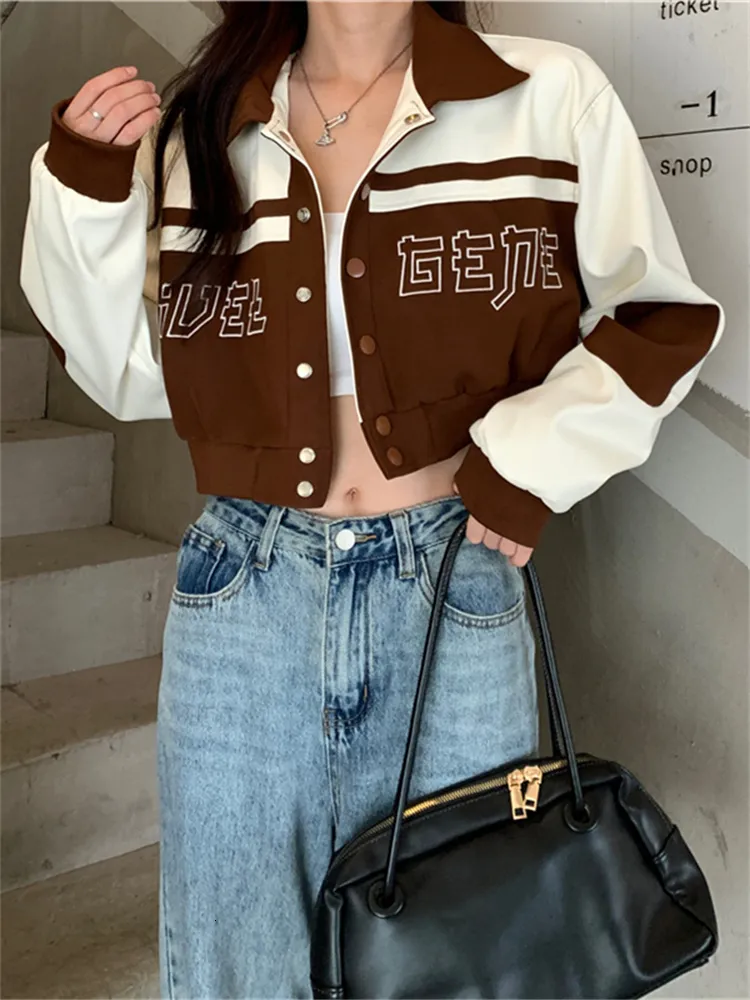 Womens Jackets Qweek Y2K Vintage Pu Leather Varsity Jacka Women Korean Style Brodery Croped Baseball Uniform Overized Patchwork Kpop 230810