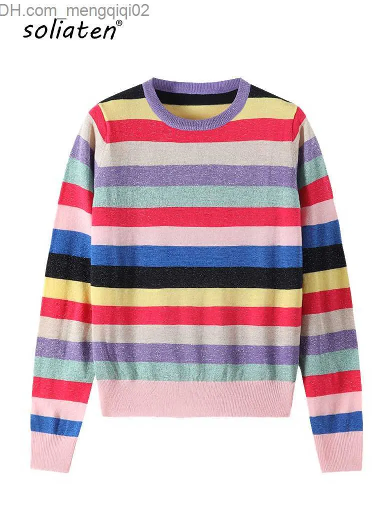 Maglioni femminili arcobaleno a strisce colorate stampati maglione casual femminile 2023 Fashion O-Neck Knitting Zilled Zipper Lurex Jumper Zipper B-042 Z230814