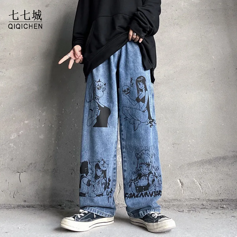 Men's Jeans Anime Girl Printed Jean Pant Men Japanese Cartoons Hip Hop Harem Trousers Harajuku Streetwear Loose Wide Leg Casual Denim Pants 230810