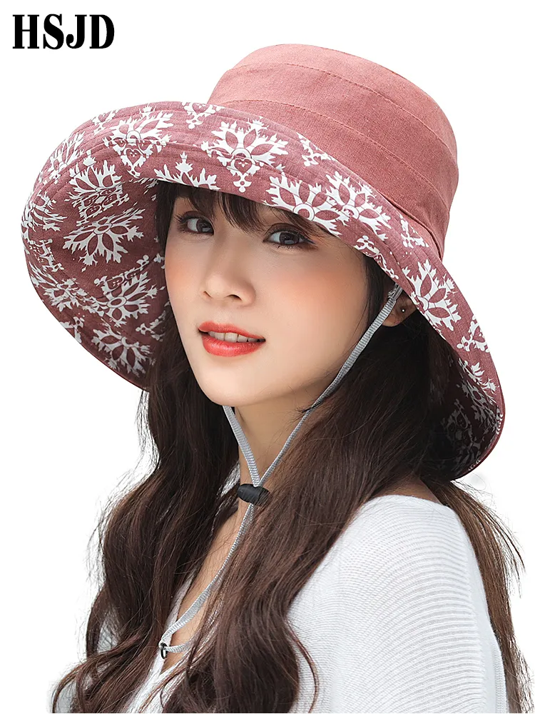 Visors Summer Women Snowflake Double-sided Linen Cotton Sun Hats Panama Female Foldable Bucket Cap Large Wide Brim Anti-UV Beach Hat 230811