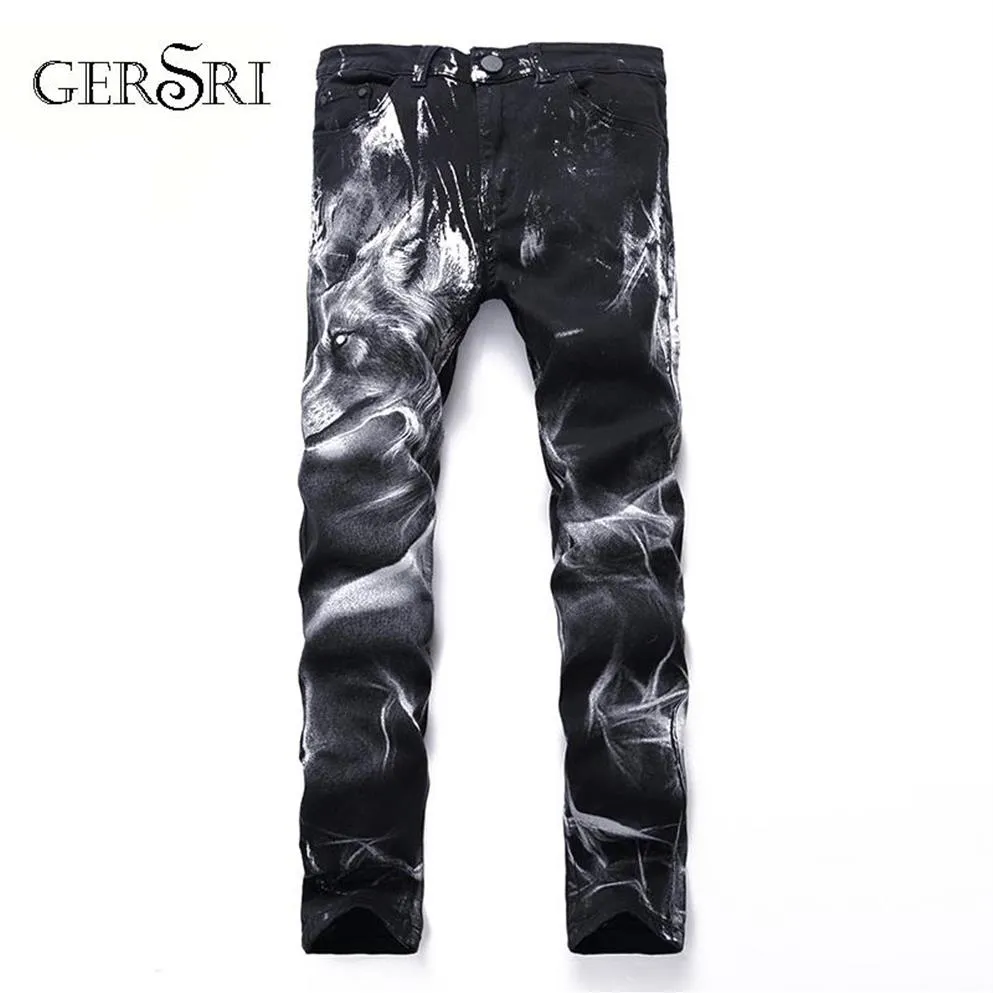 Gersri Night Club Mens 3D printing Jeans Black Wolf Pattern Printed Punk Slim Straight Cotton Casual Print Denim Pants Plus Size305v