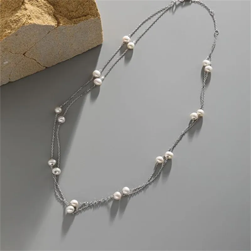 925 Sterling Silver Double Layer Chain Choker Halsband för kvinnor naturliga sötvatten pärlhalsband bröllopsfest gåvor