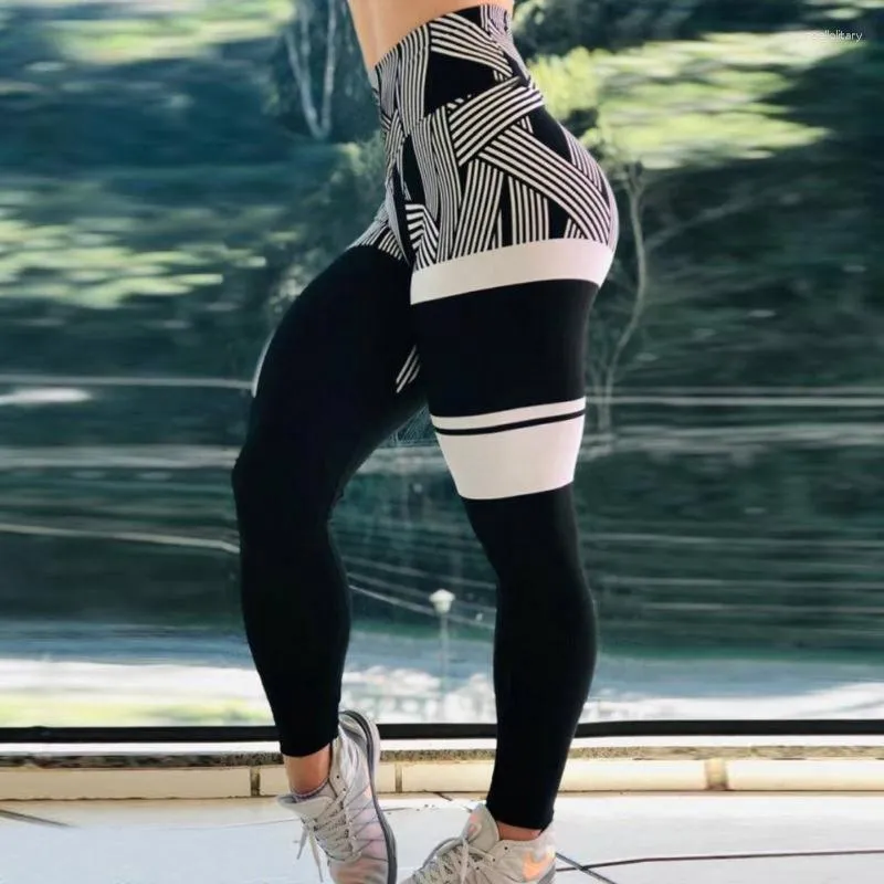 Active Pants Sporty Leggings Woman Push Up Yoga Digital Printing Striped Fitness Casual Sports High midje Kvinnkläder