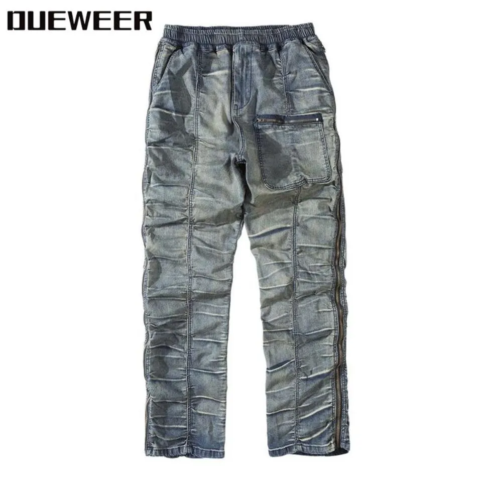 Dueweer Vintage w trudnej sytuacji, plisowane dżinsy Swag Streetwear Slim Fit Biker Jeans Men Hip Hop Double Side Denim dżinsowe spodnie Men236Q