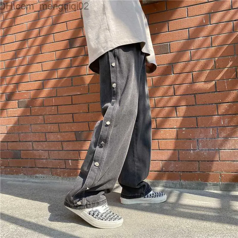 Pantalones para hombres jeans grises humeantes con botones Pantalones de estilo de calle High Street Fashion Lowitting Laundry Mop Street Hip-Hop Z230814