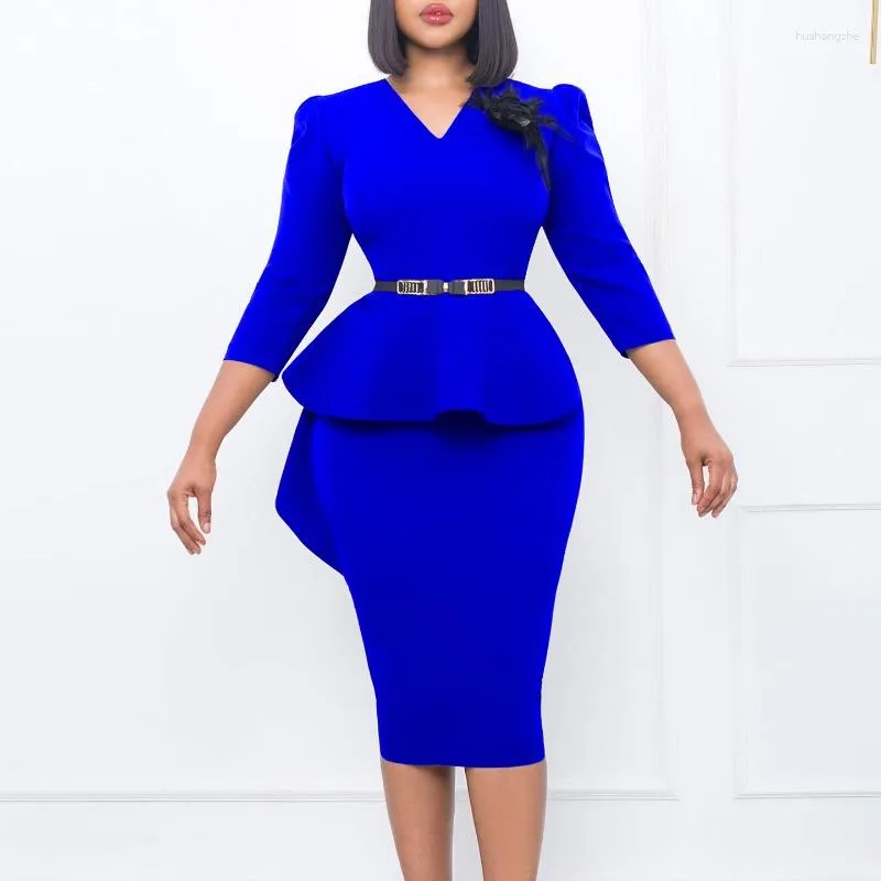 Casual Dresses Women Elegant Bodycon Dress V Neck Half Sleeve Appliques Peplum Belt Patchwork Sheath Package Hip Office Lady Outfit 3XL