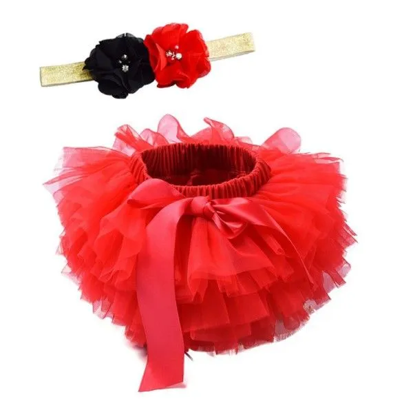 Baby Girls Tutu Skirt Headband Set Toddler Ruffle Tulle Diaper Covers 6-24 Months solid color Soft Tulles Bloomers