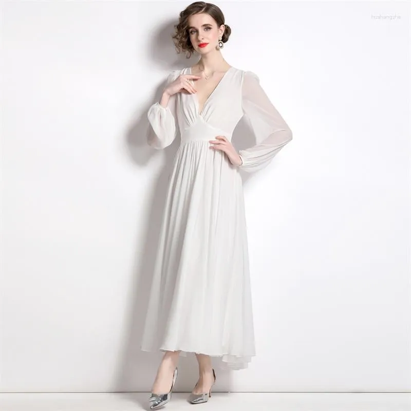 White Chiffon Long Dress with Deep V-Neck and Slim Waist - Elegant and Sexy Casual Maxi for Summer Parties, Vacation, and Beach - G820