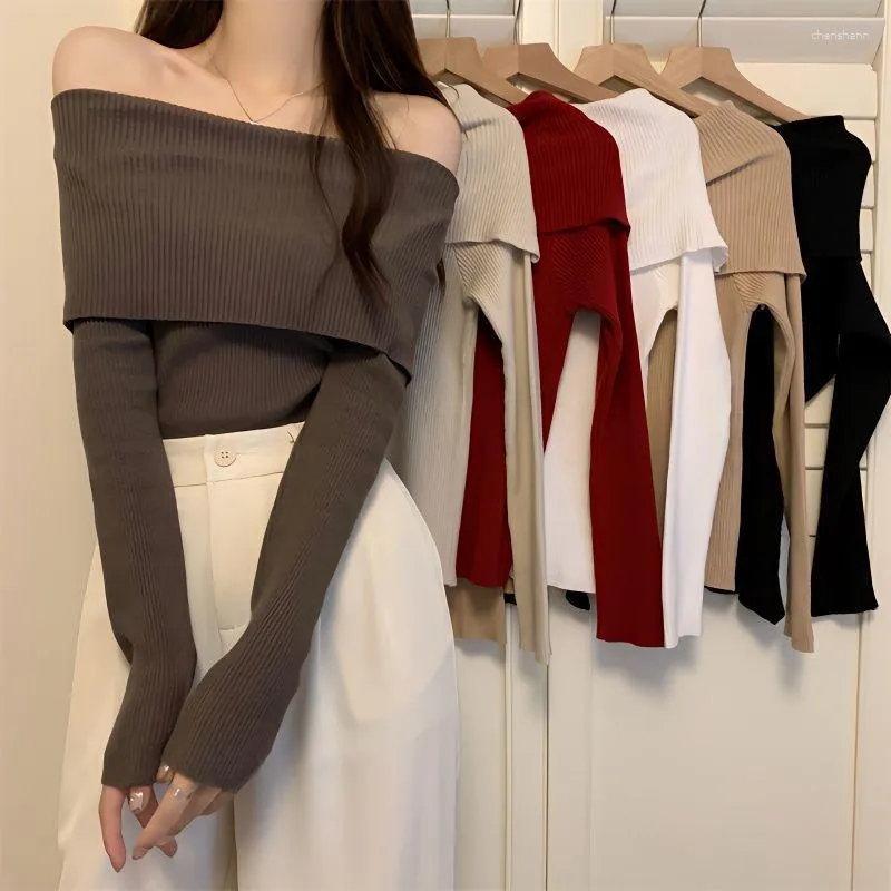 Women's Sweaters Autumn Sweater Design Sense Niche Off-Shoulder Bottoming Shirt 2023 Long Sleeve Top Fashion Wholesale