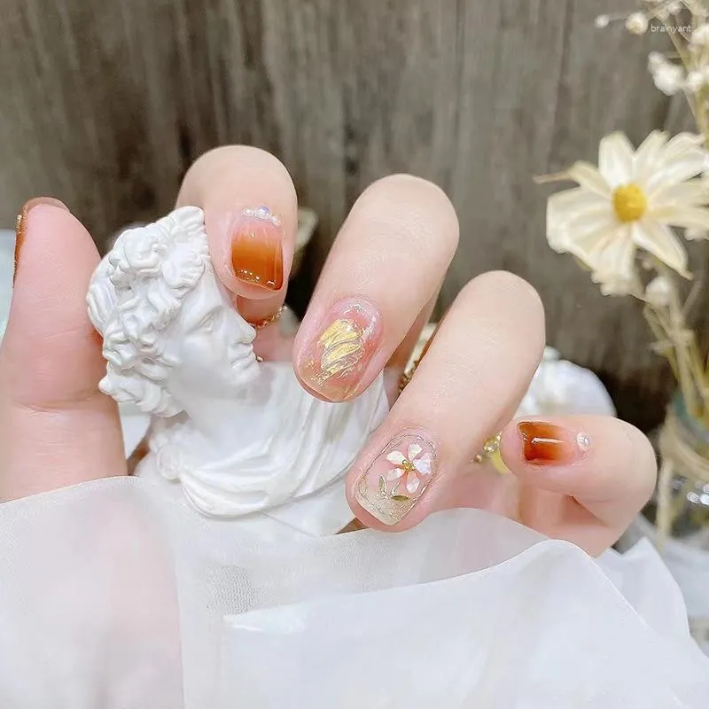 False Nails 24p Autumn Golden Flowers Nail Art Falso Falso artificiale indossare ballerina riutilizzabile Premere