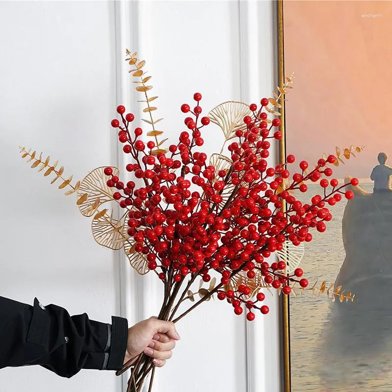 Dekorative Blumen Weihnachten rote Beeren Stiele Orament Fake Snow Pine Zweigbaum -Hänge anhänger Girlande Dekoration