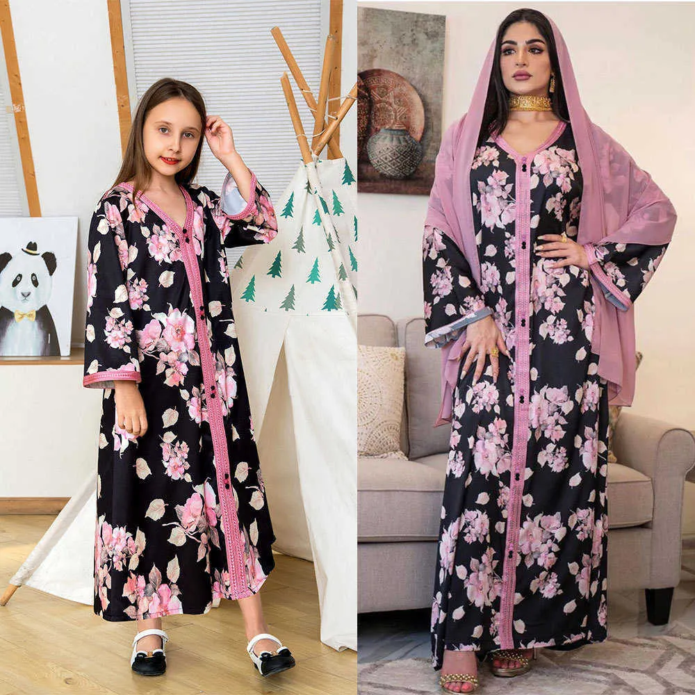 Family Matching Outfits Mother Daughter Family Matching Clothes Elegant Black Ethnic Floral Dress Middle East Parent-Child Outfits