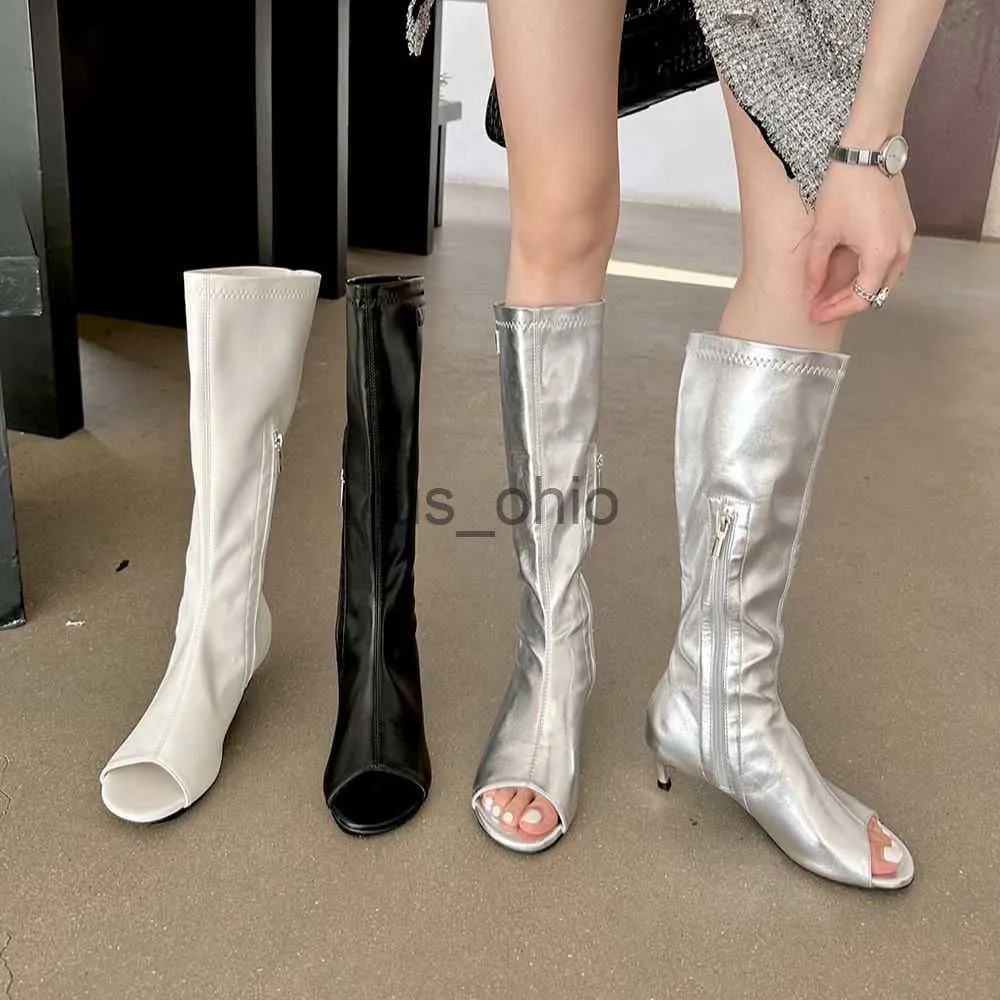 Boots Open Toe Women Knee High Boots Sock Booties Thin High Heels Side Zipper Black White Silver Summer Party Pumps Sandals Shoes 39 J230811