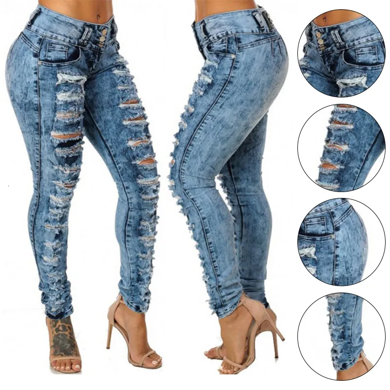 Women's Jeans Sexy High Waist Pencil Casual Blue Ripped Denim Pants Lady Long Skinny Slim vintage streetwear jeans 230811