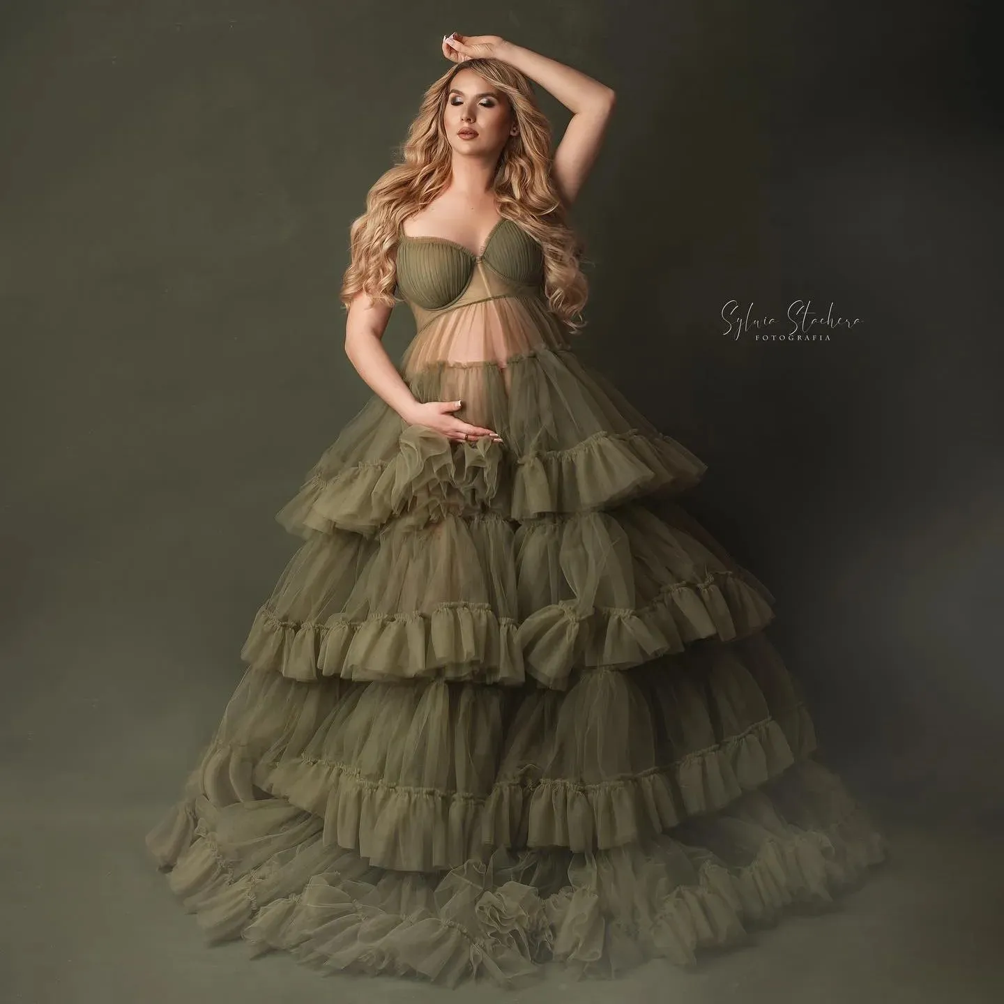 Spaghetti Strap Olive Green Maternity Dress with Front Split Ruffles Tiered Tulle for Babyshower Photo Shoot A-Line Sweep Train from Dhgate Prom Dresses - price 118.75 Spaghetti Strap Olive Green Maternity Dress with Front Split Ruffles Tiered Tulle for Babyshower Photo Shoot A-Line Sweep Train from Dhgate Prom Dresses - price 118.75
