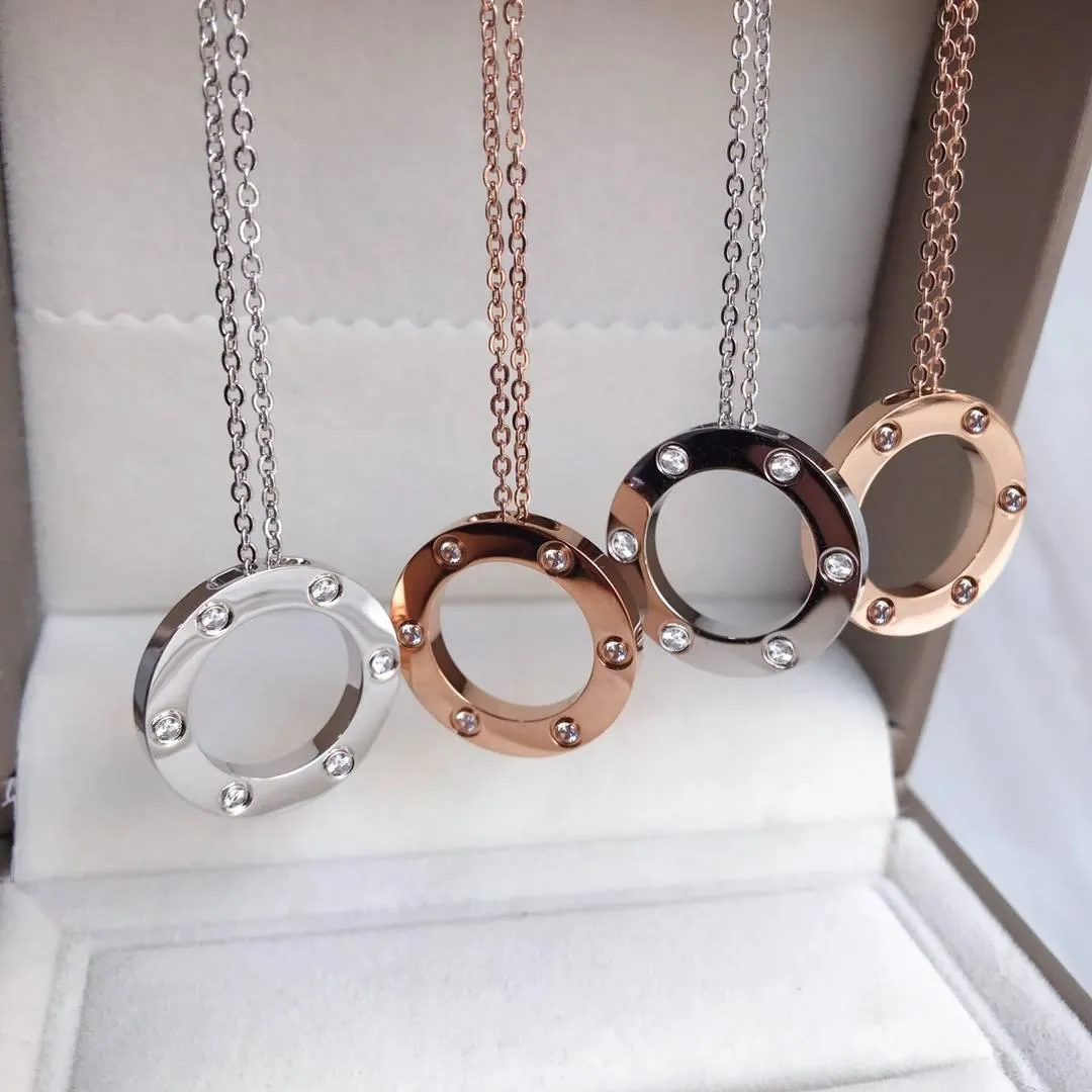 Luxury Necklace Designer Jewelry party CA Sterling Silver double rings diamond pendant Rose Gold necklaces for women fancy dress long chain jewellery gift