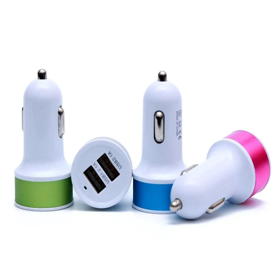 Dual USB Ports 2.1A Metal Car  Colorful Micro USB Car Plug USB Adapter For iPhone for Android Phone