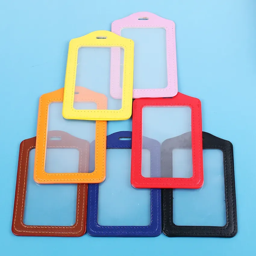 PU Leather ID Badge Case Clear With Color Border Lanyard Holes Card Badge Holder 11x7CM Office Stationery Supplies