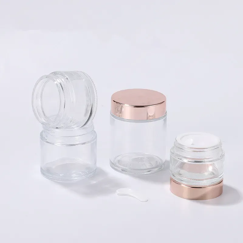 Frosted Glass Cream Jar Clear Cosmetic Bottle Makeup Lotion Lip Balm Container with Rose Gold Lid Inner Liner 5g 10g 15g 20g 30g 50g 100g