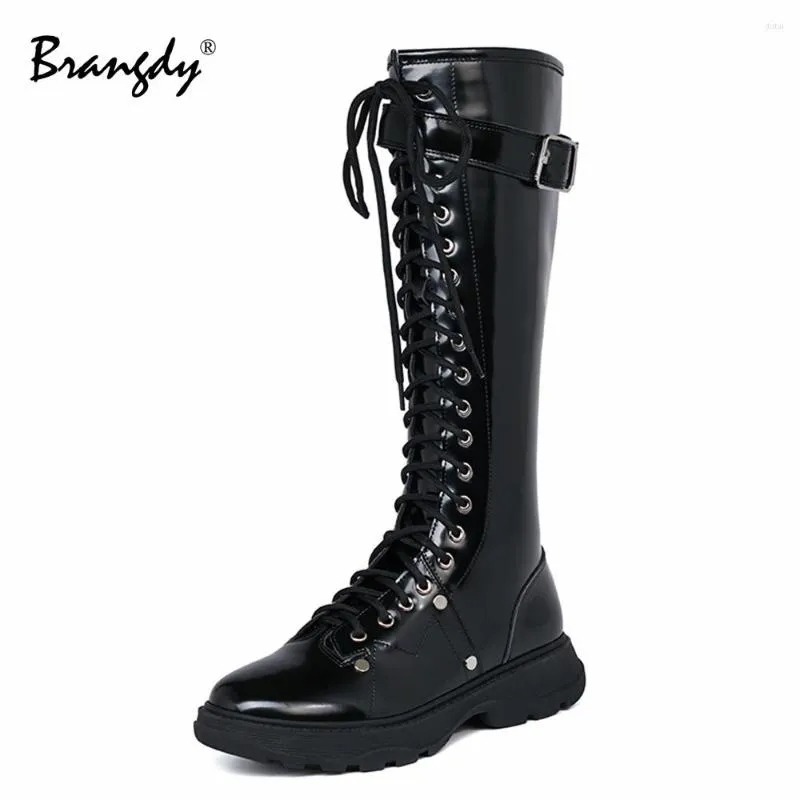 Boots Brangdy Cow Leather Gothic Black Women Heel Sex Chunky Platform Female Punk Style Knee High Zipper