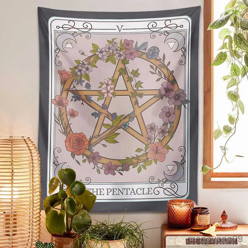 Tapissries Pentakel Tapestry Wall Hanging Witchy Forestcore Flower Occult Symbol Living Room Dorm Home Decor R230812