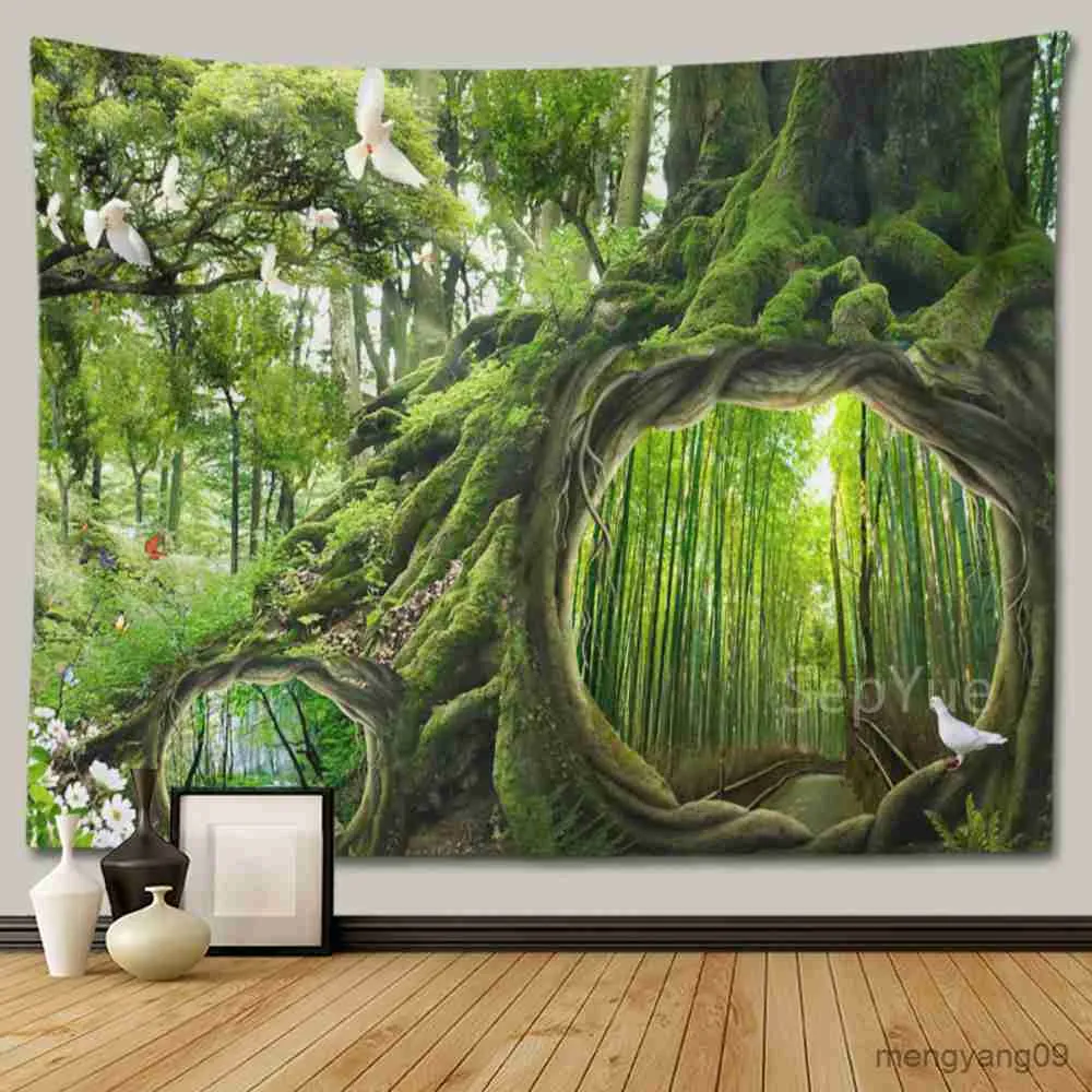 Arazzi paesaggistica paesaggio foresta muro di arazzi per la sala pendenza della sala hoom hippie boho in tessuto grande camera da letto arazzo la coperta di stoffa estetica R230811