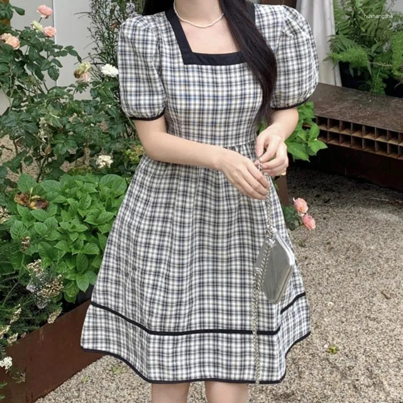 Summer Casual Plaid Dress For Women Korean Style, Square Collar