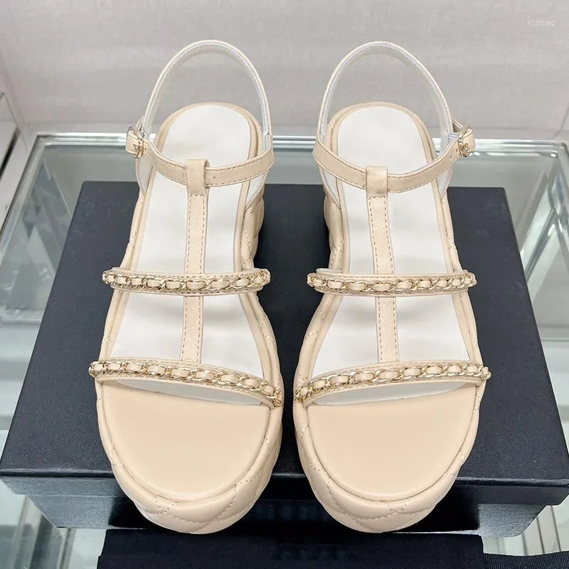 Klänningskor Spenneooy Summer Fashion Women's Solid Color Round Toe Waterproof Platform Wedge Heel Metal Chain Buckle Strap Sandal