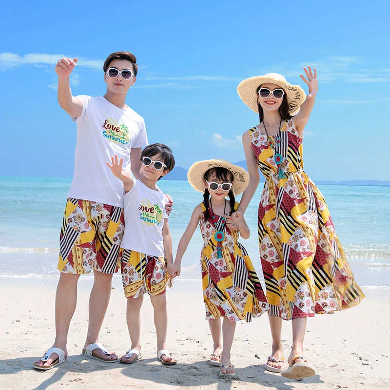 Passende Familien-Outfits, passende Familien-Outfits, Sommer, Strand, Mutter-Tochter-Kleider, Papa-Sohn-T-Shirt, Shorts, Urlaub, Paar-Outfit