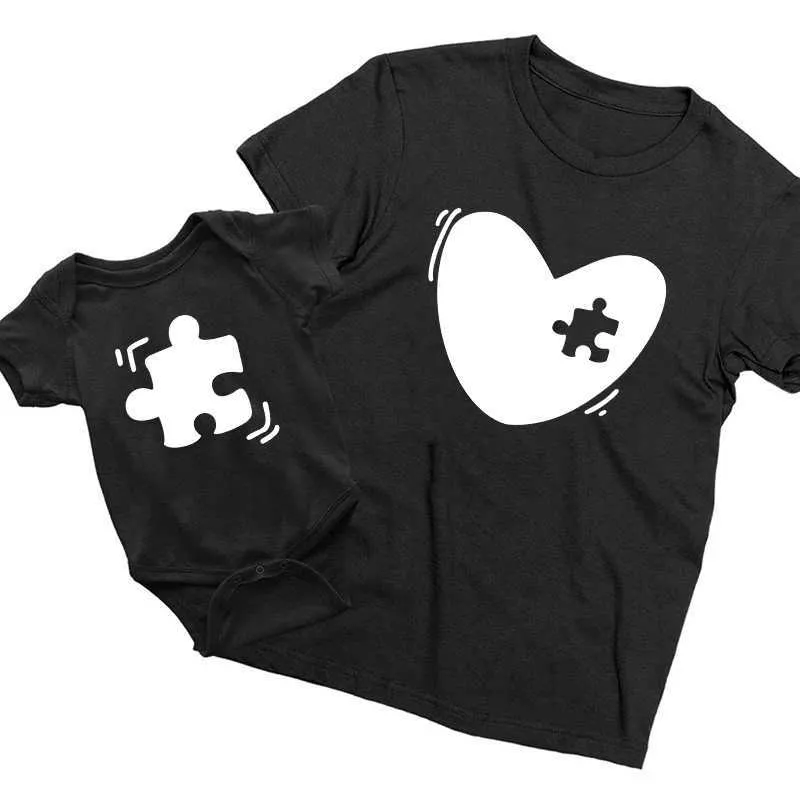 Tenues assorties pour la famille T-shirt amusant assorti pour la famille, tenue maman et moi, pièce de puzzle en forme de cœur, mère et fille, fils, hauts maman et mini bébé