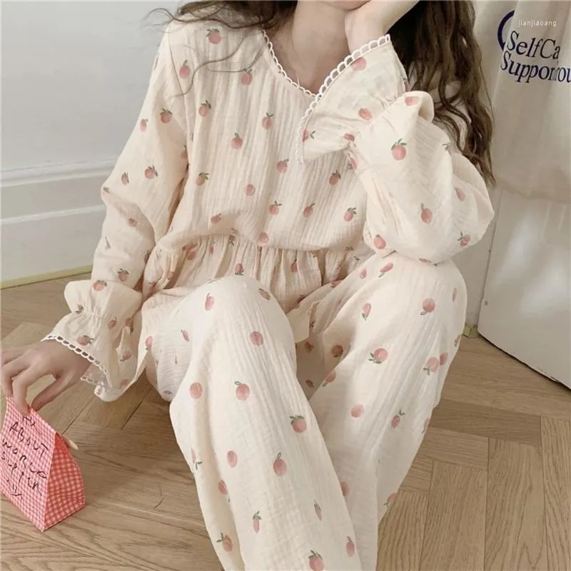 Kadın pijama pamuklu pijama kawaii şeftali baskısı gece kıyafeti tarzı pijama kadın seti kadın 2 adet pijama takım elbise