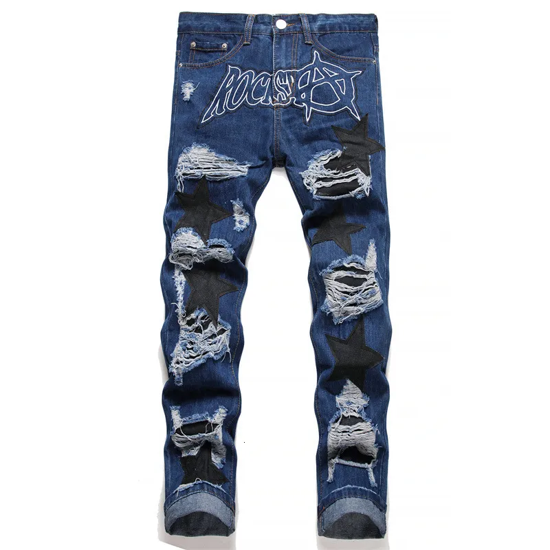 Jeans pour hommes de style punk bleu lettre déchirée broder