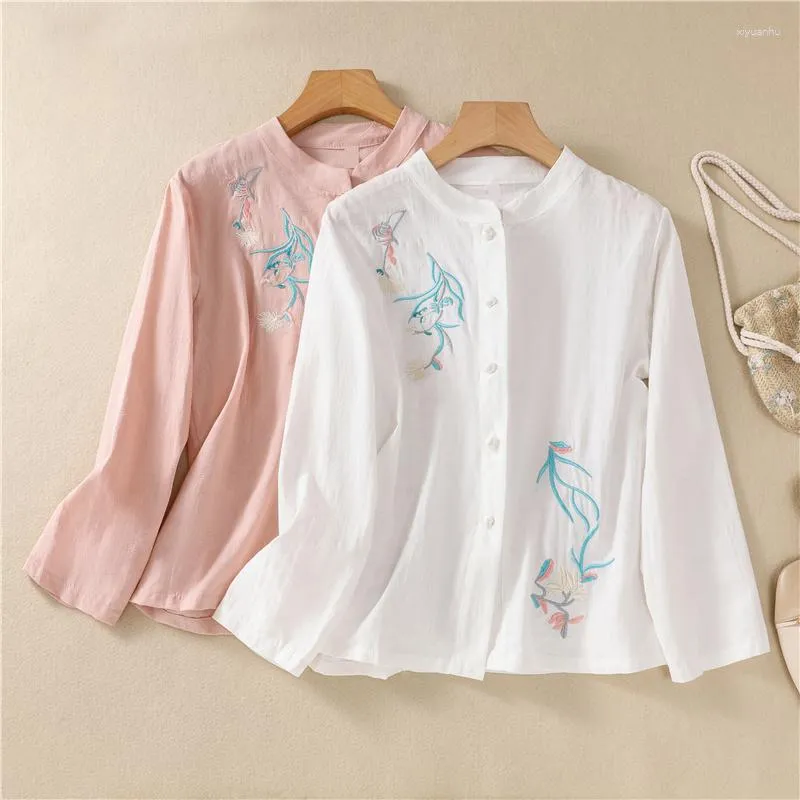 Damskie bluzki haftowe koszule vintage luźne długie rękawy bawełniany lniany chiński styl top o dół letnie ubranie ycmyunyan
