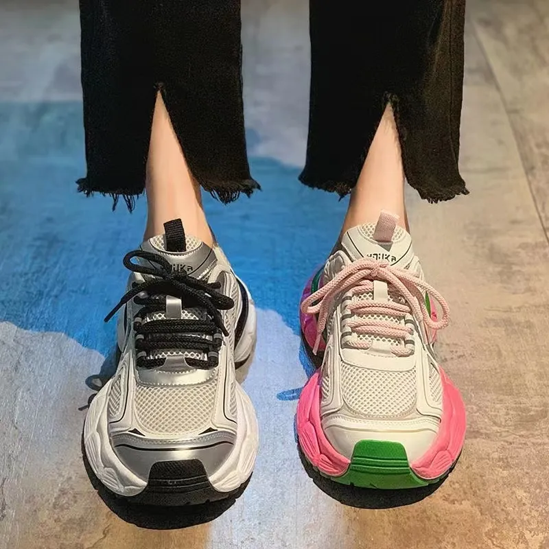 Pembe Mesh Spor Ayakkabıları Kadınlar İçin 2023 Yaz YENİ Y2K KALIN TOPLAR SPEAKERS Kore Yuvarlak Toe Çok Yönlü Ayakkabılar Tenis Casual Sneakers