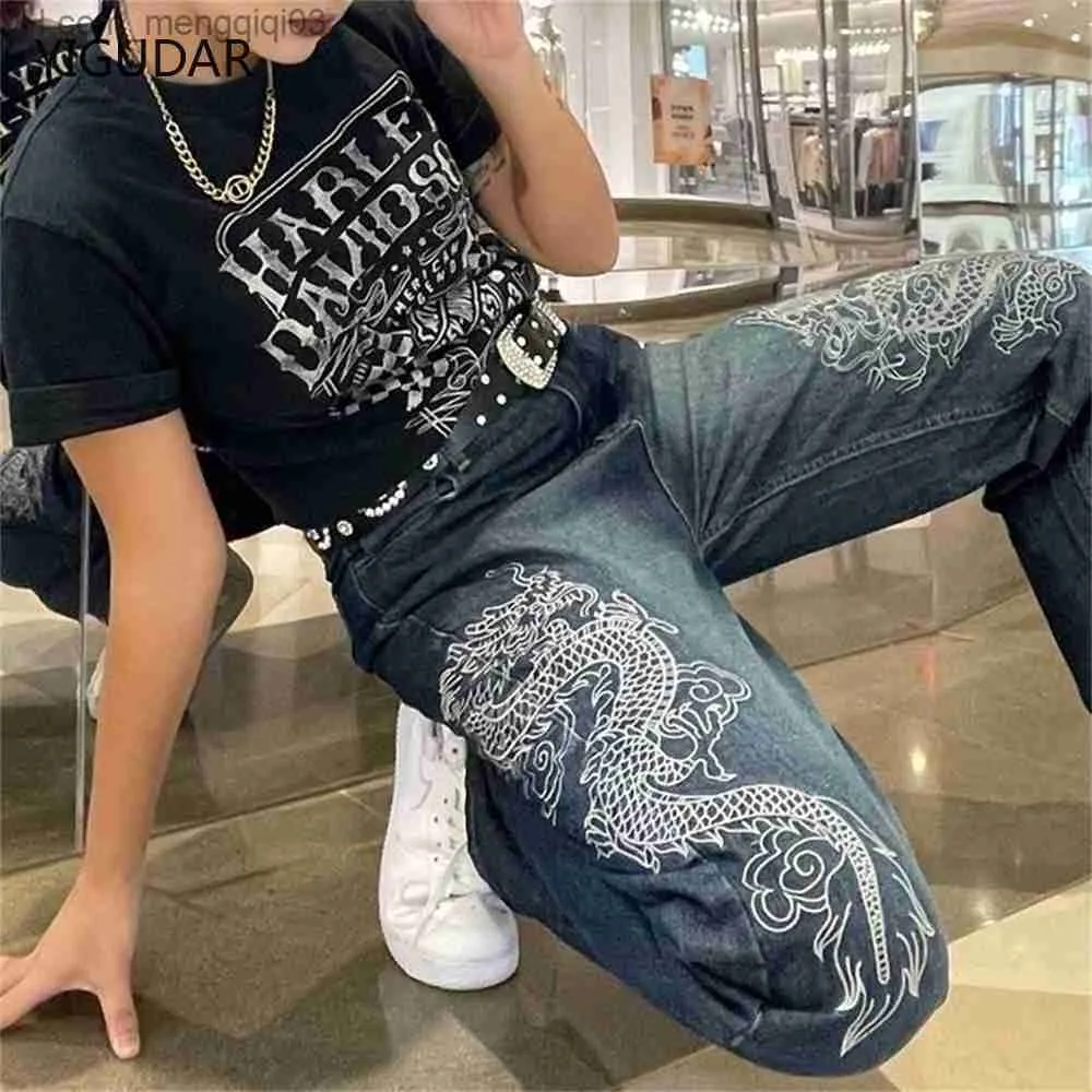 Heren jeans nieuwe heren Chinese mode draak zwart skinny jeans street comfort mode hip hop heren broek straat kostuum print broek z230814