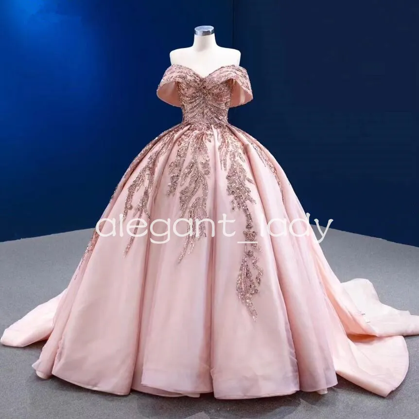 Rose Pink Off Intramer Princess Quinceanera Sukienki Gillter Sequinus Applique Corset Prom Sweet 15 Meksykański strój