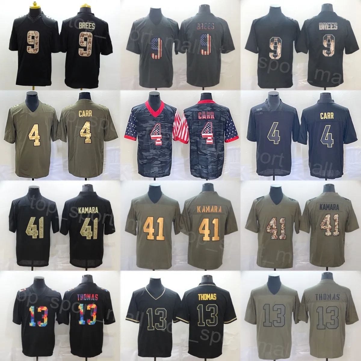 Mans Football 9 Drew Brees Jersey 4 Derek Carr 13 Michael Thomas 41 Alvin Kamara Stitch Olive Salute al servizio Camo Goddess Flag sillame Drift Color Rush