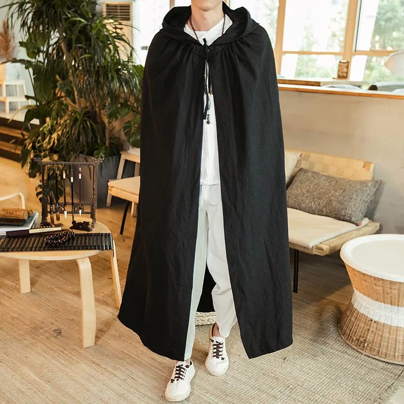 Men's Trench Coats High Quality Mens Cotton Linen Unisex Casual Vintage Open Stitch Hooded Long Cloak Cape Coat Men Black Loose Trenchcoat