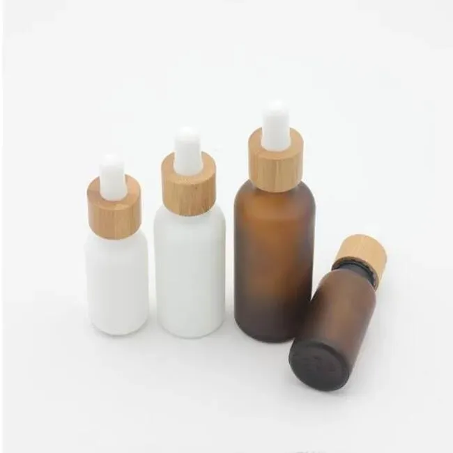 Frosted Matte Amber White Glass Dropper Bottle 15ml 30ml 50ml with Bamboo Cap 1oz Wooden Essential Oil Bottles