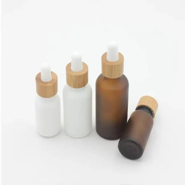 Frosted Matte Amber White Glass Dropper Bottle 15ml 30ml 50ml with Bamboo Cap 1oz Wooden  Oil Bottles