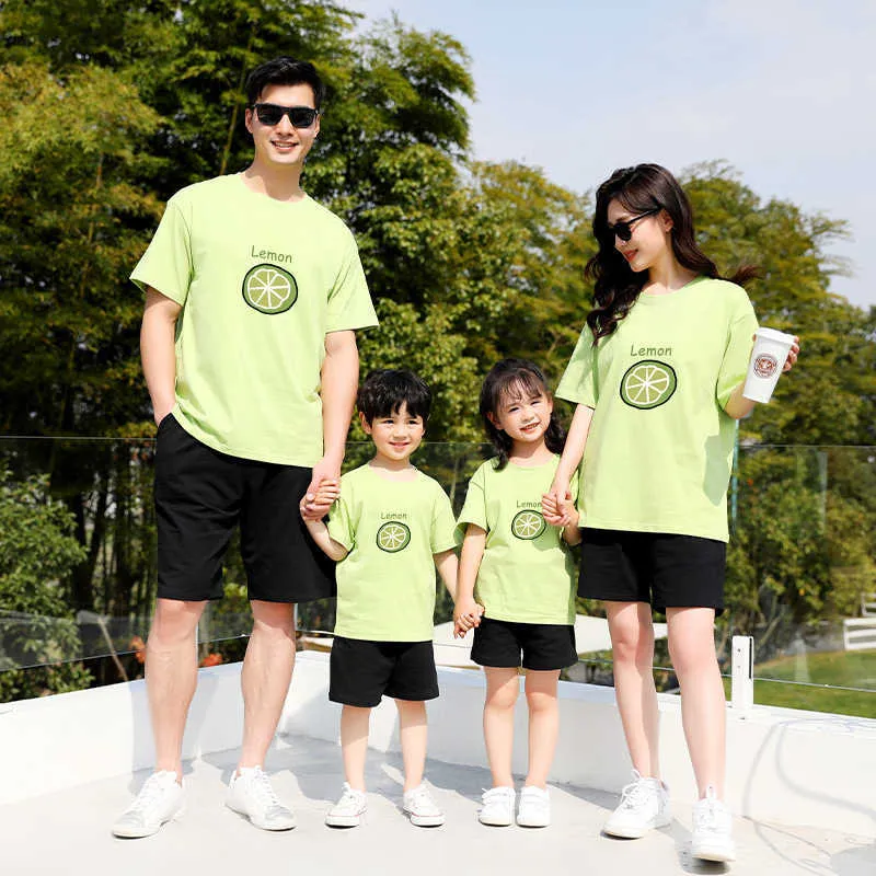 Family Matching Outfits Family Matching Outfits Cotton T-shirt Kids Mother Daughter Clothes Baby Romper Tops Parent-child Outfits Lemon Pattern Tees